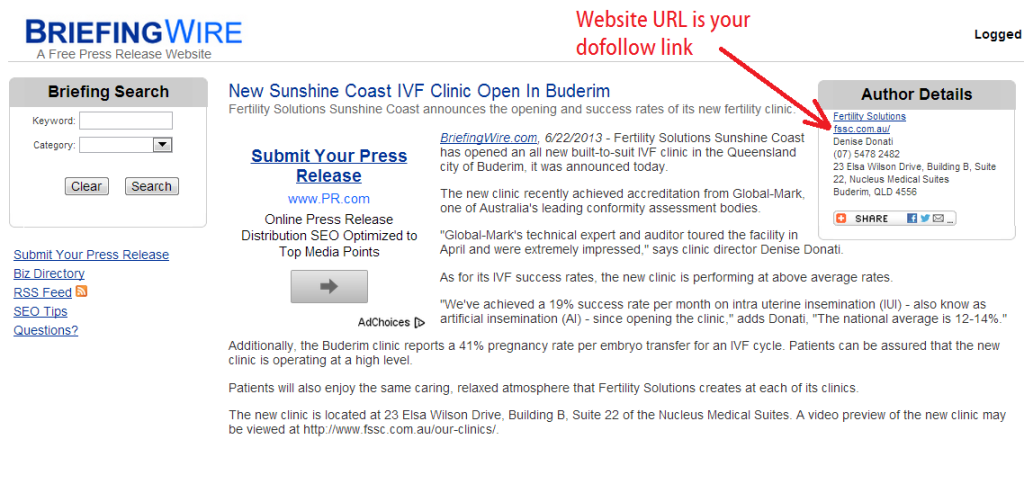 briefingwire published free press release with URL of website as dofollow link