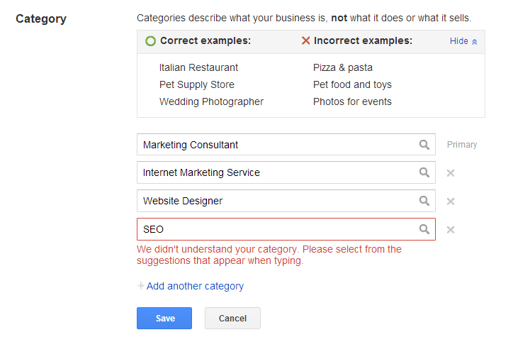 category info must be from googles list - google places