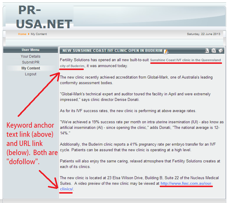 pr-usa published free press release with keyword anchor text as dofollow link