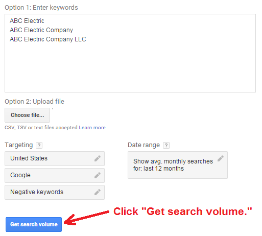 google keyword planner - get search volume
