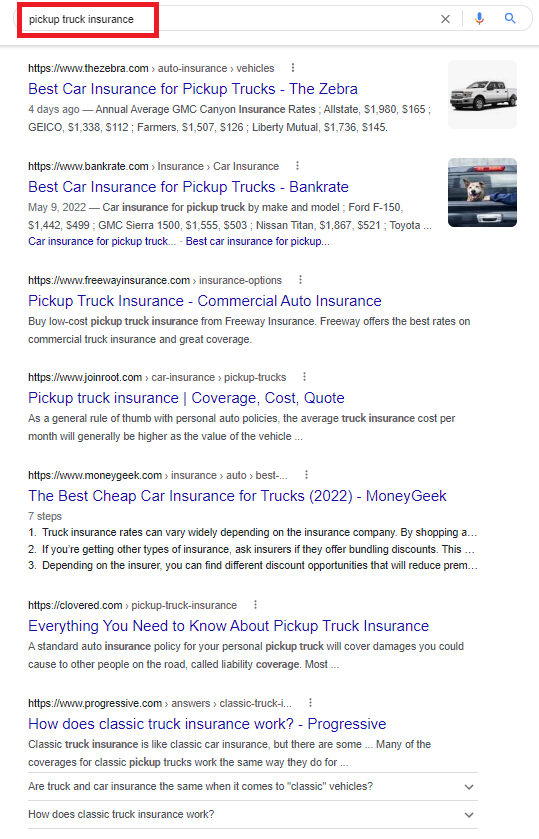 pickup truck insurance on google